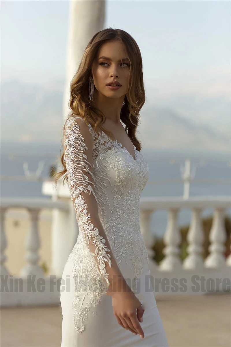 Elegant Sexy Slimming Mermaid Elegant Mopping Wedding Dresses 2023 V-Neck Long Sleeve Glamorous Appliques Backless Pretty Robe