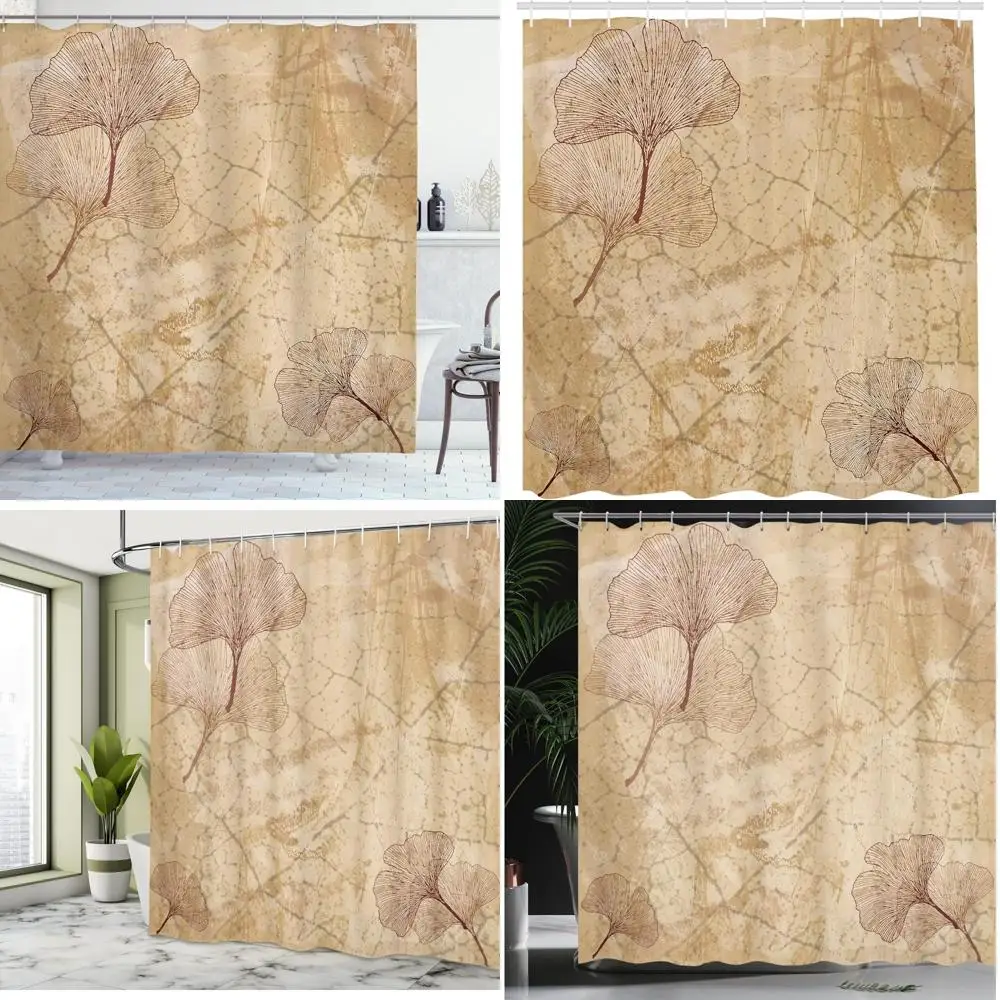 

бежевая занавеска для душа из листьев гинкго с рисунком природы дерева из ископаемых девичьих волос