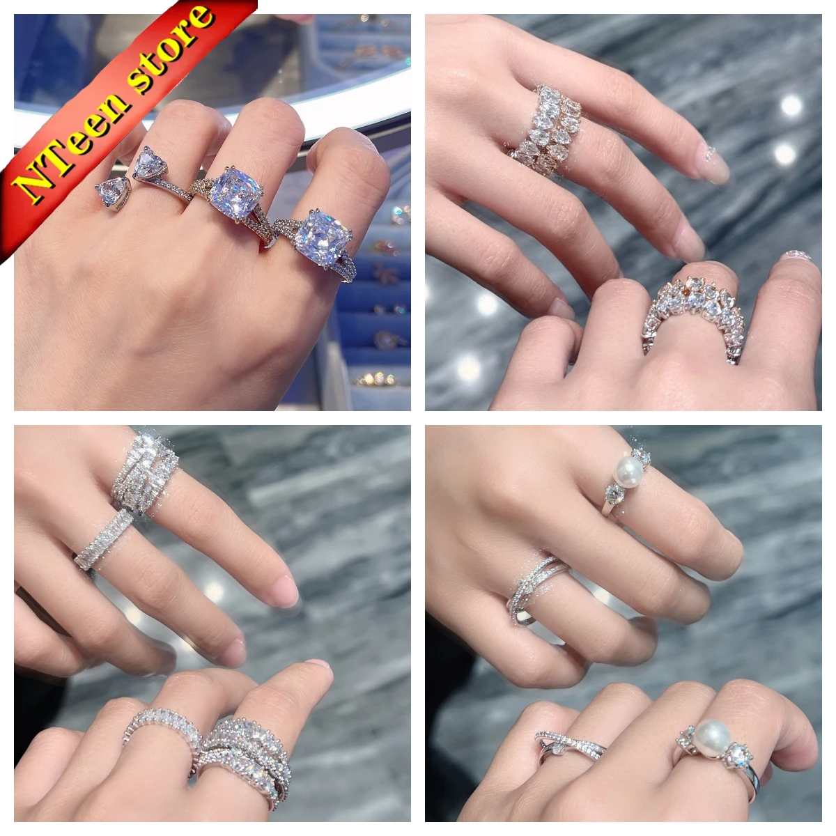 

2025 New Rings Charms Green Pink Flower Black Water Droplet High Quality Crystal Rings Fashion Luxurious Romantic Gift for Women