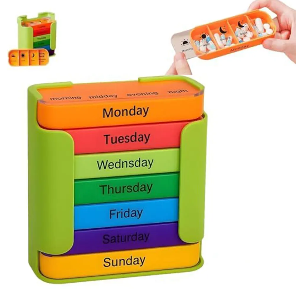 Weekly Pill Organizer with 28 Individual Drawer Compartments Supporting Morning Afternoon Evening and Bedtime Dosing