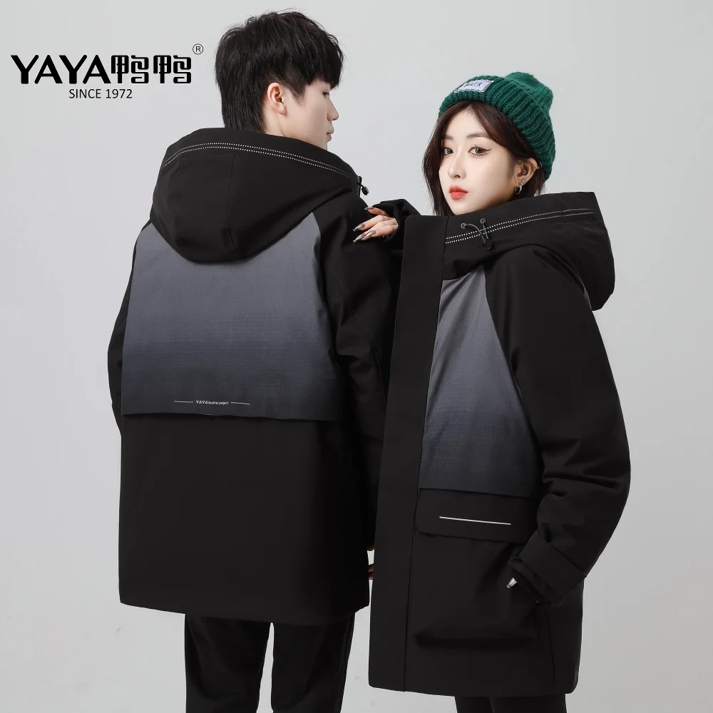 YAYA 2022 Women & Man Down Jacket Hood Couples Version Winter Medium-Length Gradient Color Waterproof Windbreak   Padded Parkas