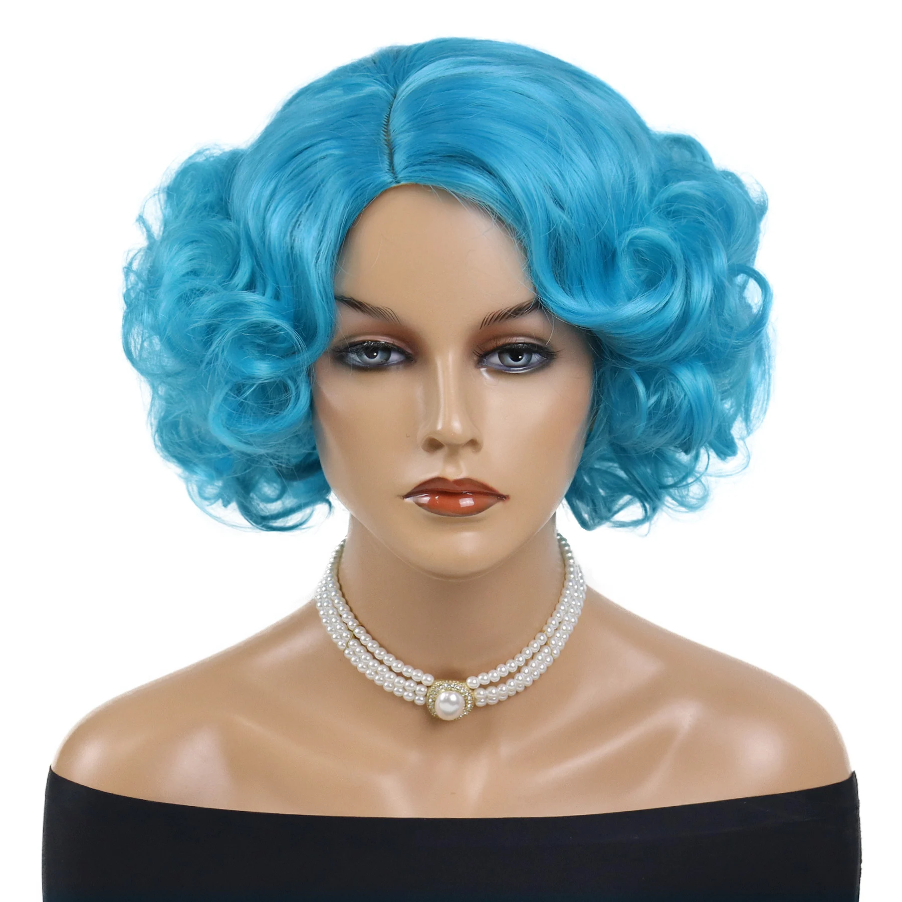 Synthetic Blue Wigs Cosplay Halloween Carnival Short Curly Wig for Women Natural Fluffy Colorful Hair Side Parting Hairstyle