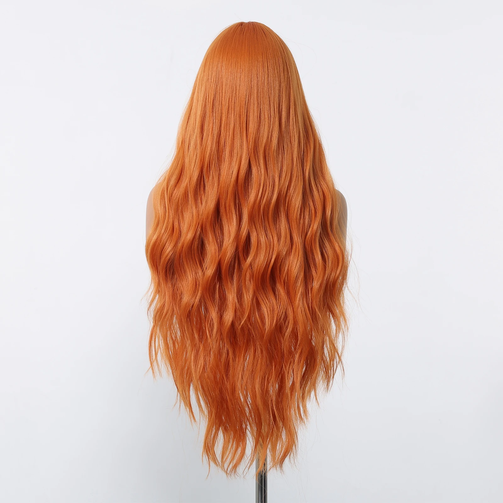 باروكة صناعية برتقالية طويلة مموجة للمياه للهالوين للنساء، باروكات مموجة مع غرة متوسطة الحجم، شعر مستعار للحفلات التنكرية مقاوم للحرارة
