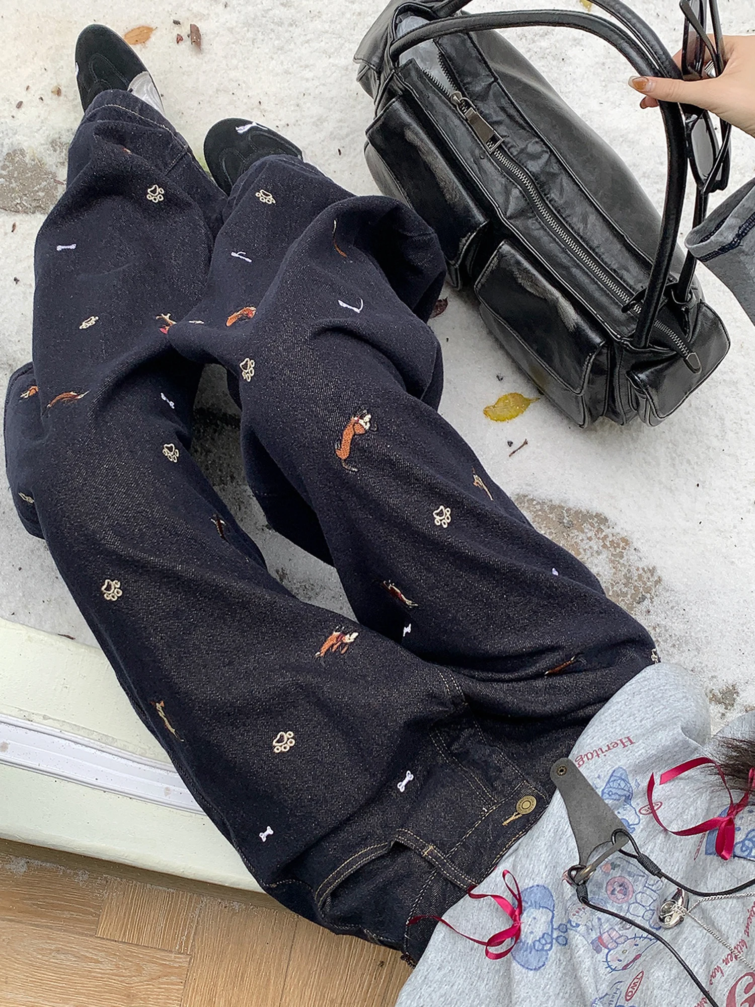 

Уникальные джинсы с вышивкой, широкие штанины, высокая талия, прямой крой, деним, для полных женщин, осенний сезон, повседневная одежда