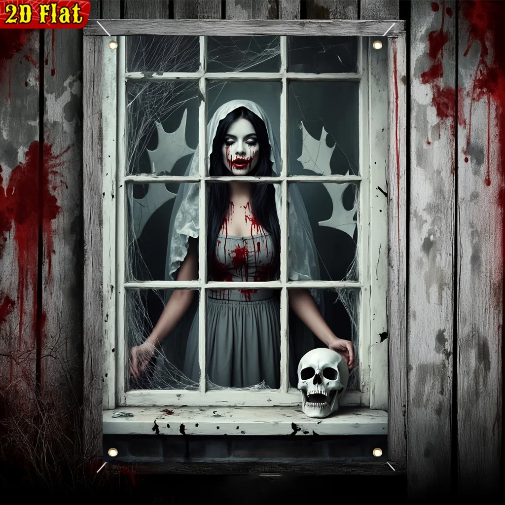 2D flach, 1 Stück Gothic-Halloween-Fensterbanner – Polyester, Geisterfrauenschleier und Totenkopf, Halloween-Dekoration