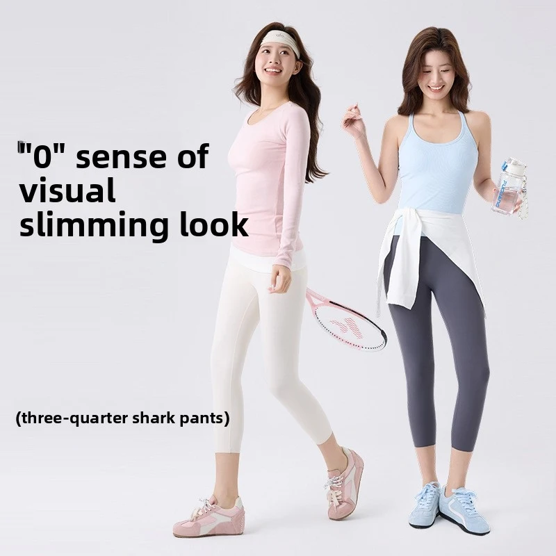 Three-quarter length summer thin shark pants, mid-high waist, slimming yoga pants, sports fitness shaping leggings, slimming and