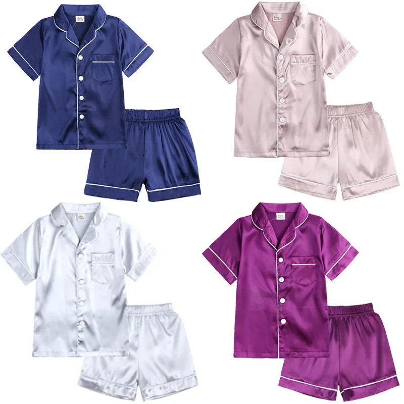 1-13 Years Summer Children's Ice Silk Homewear Suit for Baby Boys Kids Clothes Teenages Girl T Shirts + Shorts 2 Pcs Pajama Sets
