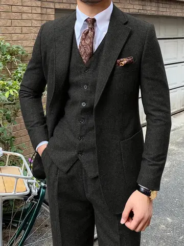 Elegant 3pcs Men's Tweed Suits Wool Blend Herringbone Western Vintage Wedding Formal Events (Jacket+Vest+Pants)