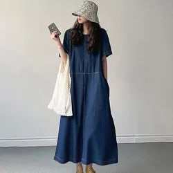 Summer Fashion Korean Style Denim Dress For Women O-Neck Short Sleeve Loose Casual Simple Solid Color A-Line Female Girl Skirts