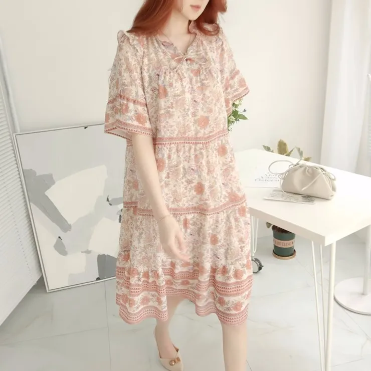 Dr lungo snellente stampato con cintura coreana Sle Pendolarismo floreale impreziosito vita ampia ort Sve Summer Dr