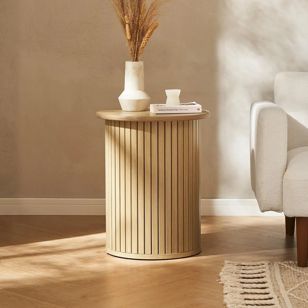 Quin Pedestal Side Table, Tambour Round Fluted End Table, Small Accent Tables for Living Room, Mid Century Modern Night Stand,