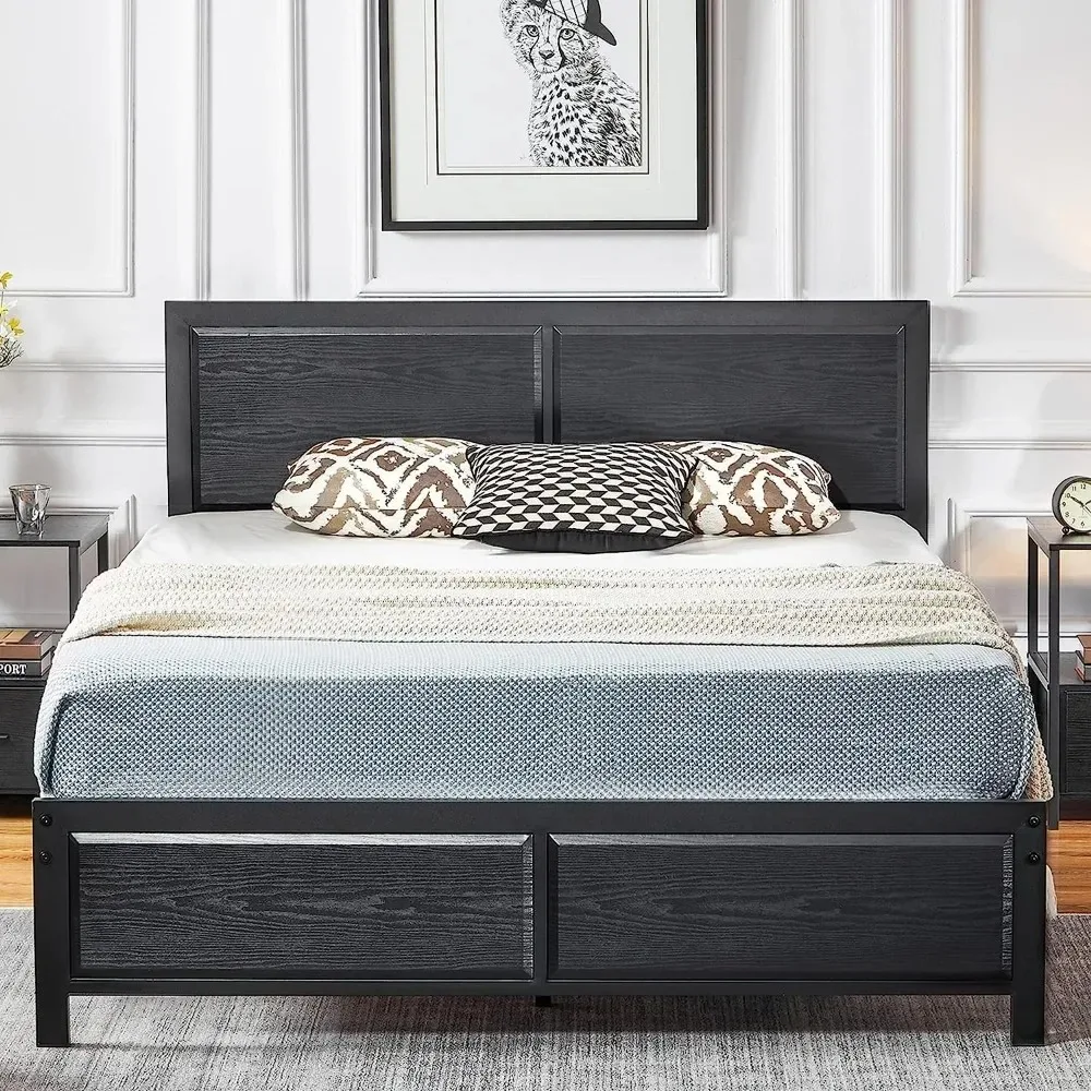 Full Size Platform Bed Frame with Black Wood Headboard, Mattress Foundation, Strong Metal Slats Support, No Box Spring Needed