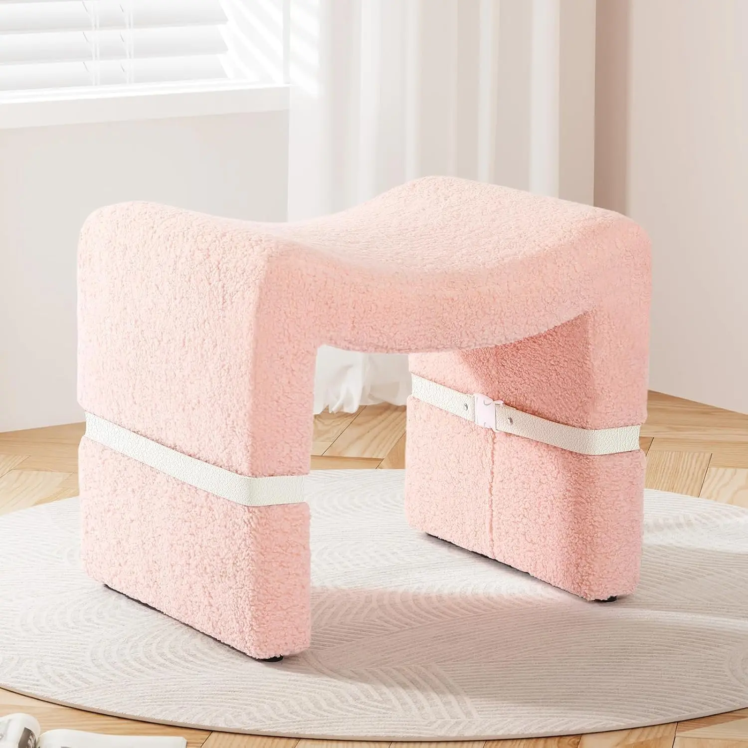 Stool Chair, Sherpa M-Shaped Ottoman Foot Rest with Detachable Legs & Side Belt, Foot Stool with Soft Boucle Fabric Seat for Mak