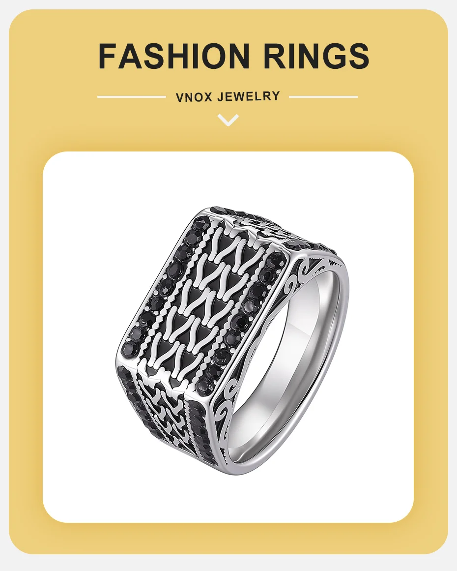 Vnox Herren Vintage Siegelring, Schwarzer Zirkon Geflochtene Textur Edelstahl Breiter Ring Gotisch Gravierter Fingerschmuck Geschenk – Detail 2