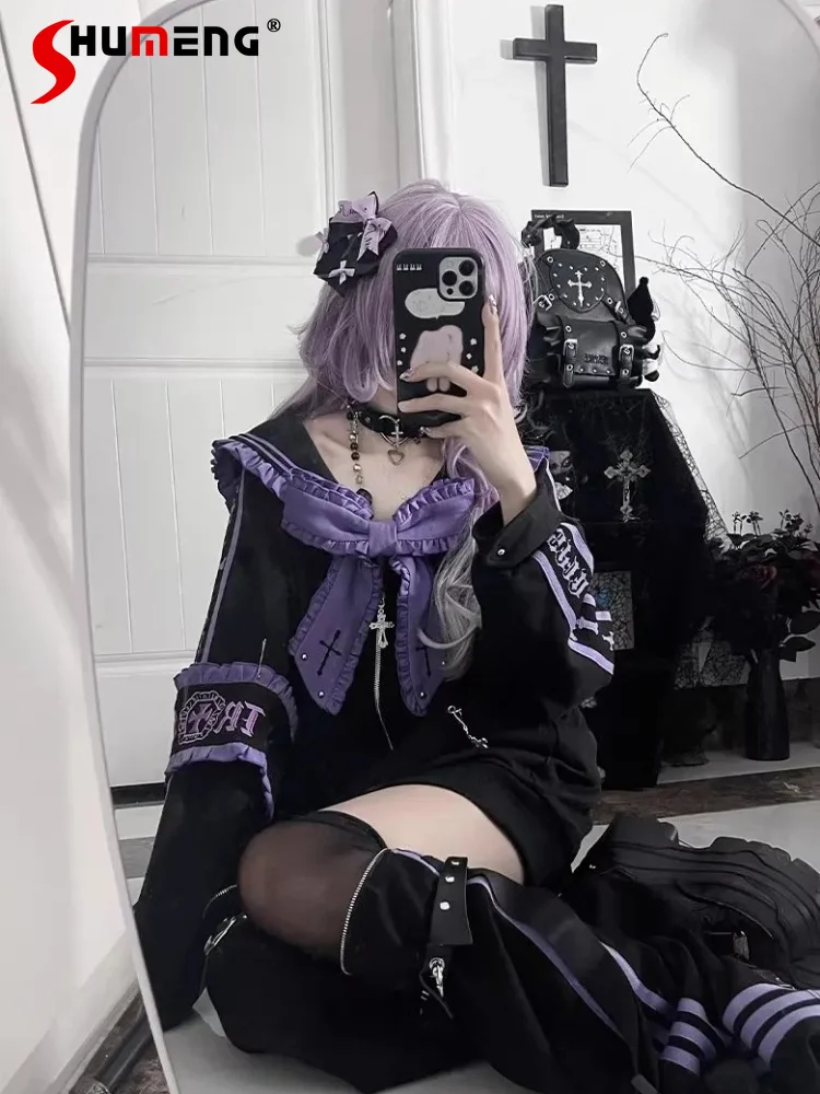 

Original Japanese Subculture Punk Girls Jacket Embroidery Print Bow Rivet Sailor Collar Loose Zipper Versatile Sweatshirt Women