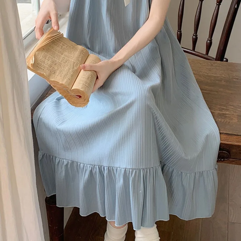 Nightgowns Women Lovely Lace Padded Thin Summer Sleeveless Square Ruffles Collar Bow Students Preppy Homewear Sweet Cozy Soft