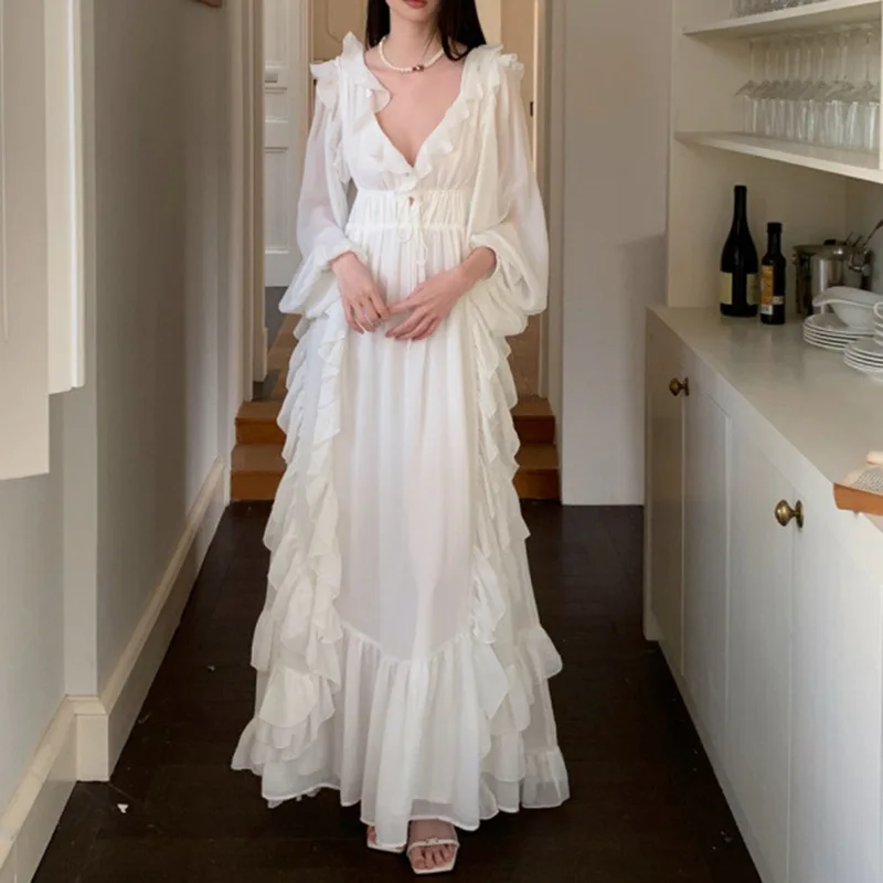 

Woman's Dress French Style Irregular Ruffle Fairy-like Large Swing Dress V-neck Waist-cinching Vacation Long Dress Elegantdress