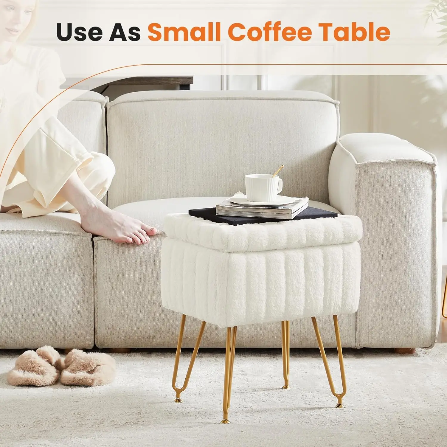 White Storage Vanity Stool, Faux-Fur Soft Padded Ottoman, 4 Metal Legs with Anti-Slip Adjustable Feet, Modern Cute Footrest for Entryways & Bedrooms view 5