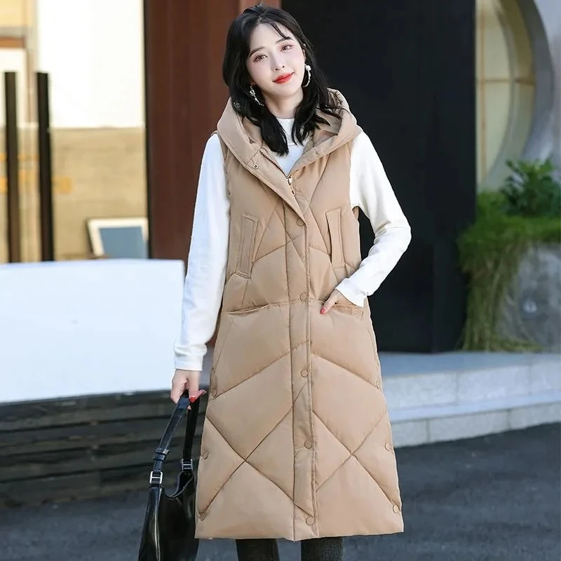 2024 New Autumn Winter Down Cotton Vest Women's Puffer Parkas Long Coat Korean Style Slimming Smooths Silhouette Versatile Shoul