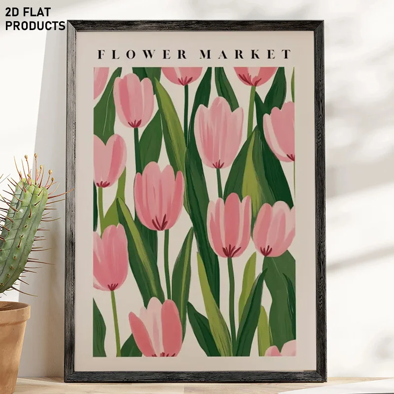 1pc Contemporary Bohemian Tulip Flower market Poster - Vibrant Tulip Field Wall Art, Frameless Canvas Plant Print for home Of