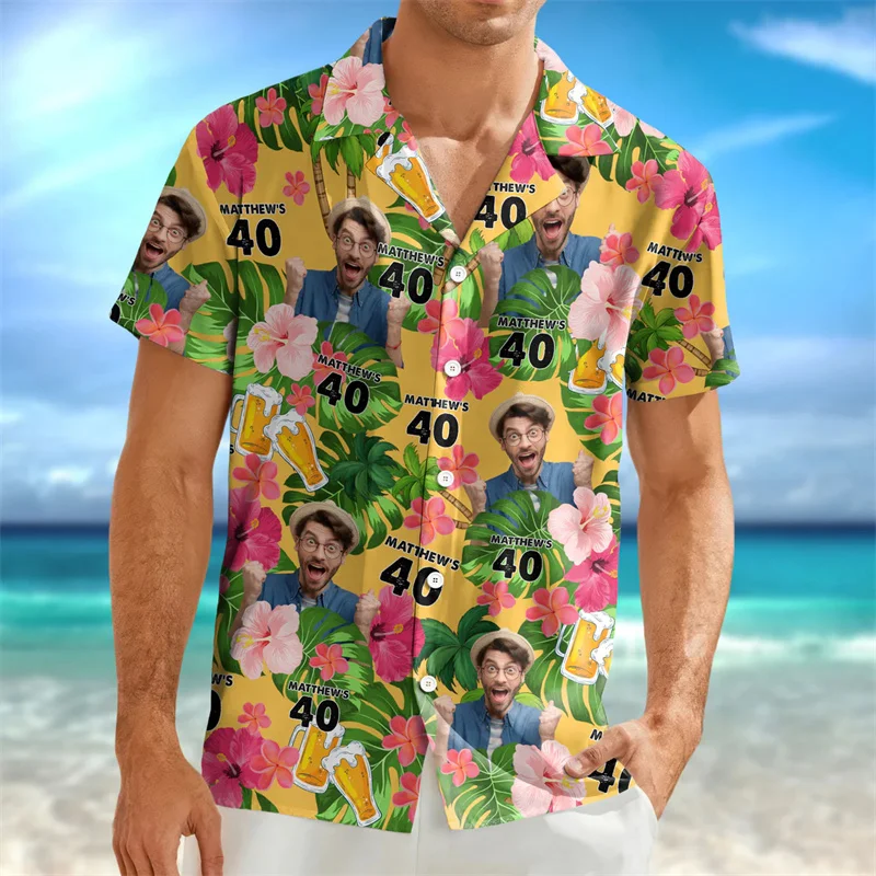 Custom Birthday Photo Hawaiian Shirt Men 2025 Summer Beach Shirts Button Down Short Sleeves 3d Printing Tropical Plants Blouse