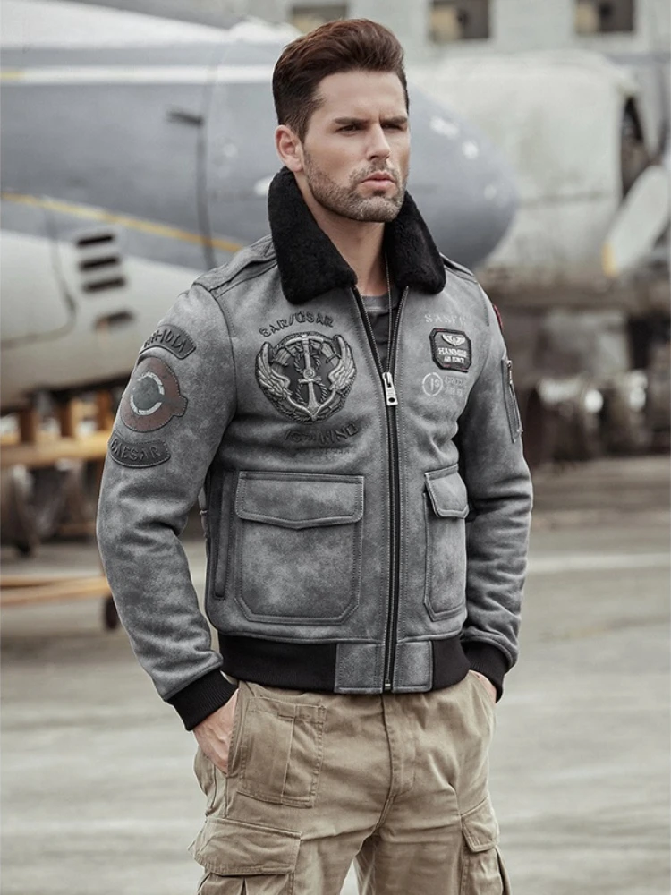 

Мужская дубленка из овчины B6, летная куртка, кожаная шуба с вышивкой, зимние парки-авиаторы