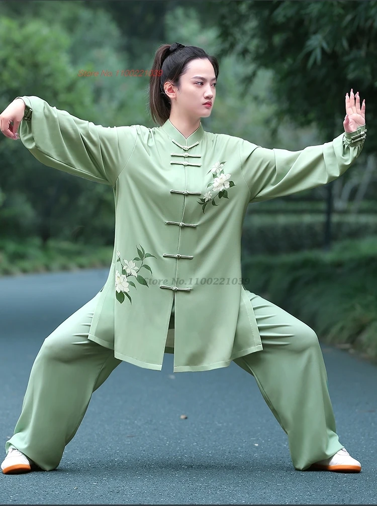 

2024 chinese vintage tai chi wushu performance tops+pants set martial arts tai chi flower print uniform team performance set