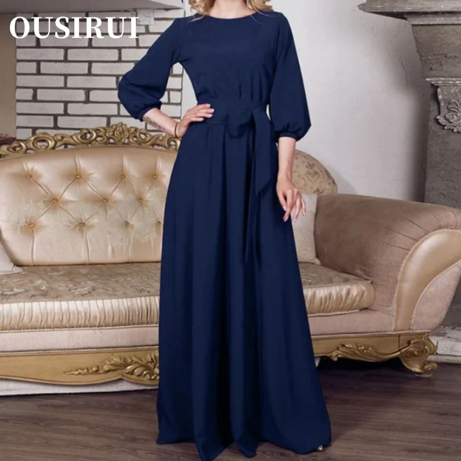 Ousirui 2024 Vrouwen Lantaarn Mouw Lange Feestjurken Herfst Elegante Vintage Vlinderdas Maxi Jurk Tot Op De Grond Robe De Soiree