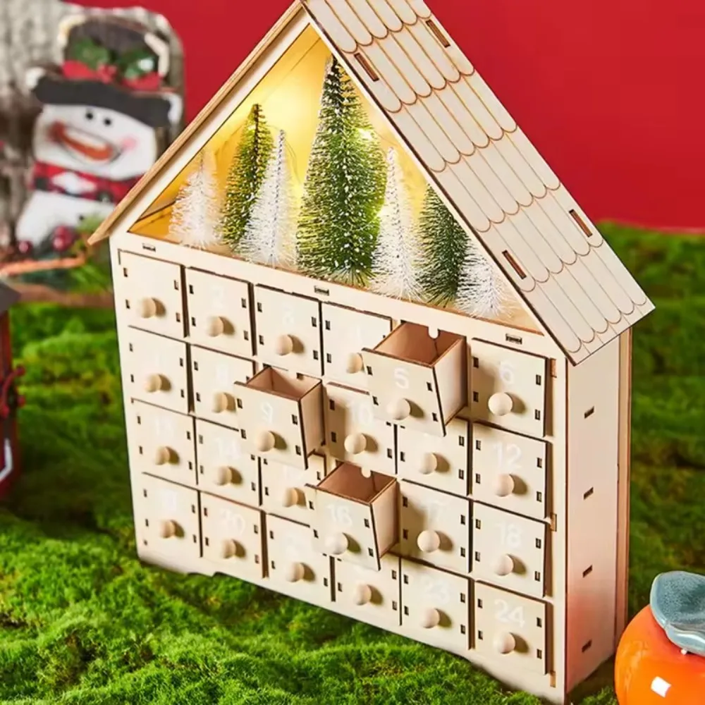 House Shape Christmas Advent Calendar LED with 24 Empty Drawer Christmas Countdown Calendar Wood Hollow Carving - Image 3