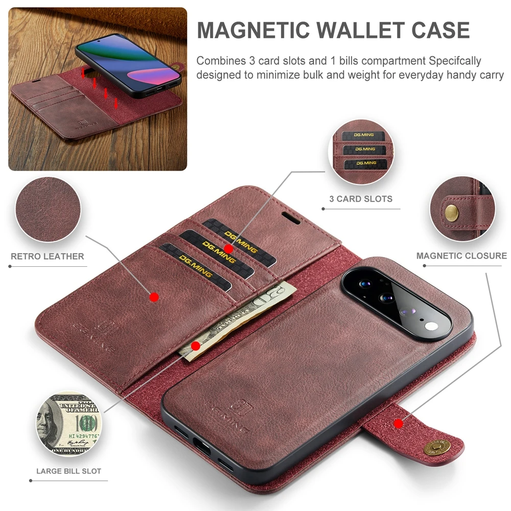2 in 1 Magnetic Flip Leather Case for Google Pixel 11 11Pro 10 10Pro 10A 9 9Pro 9A 8 8PRO 8A Pro XL Wallet Card Slot Phone Cover view 5