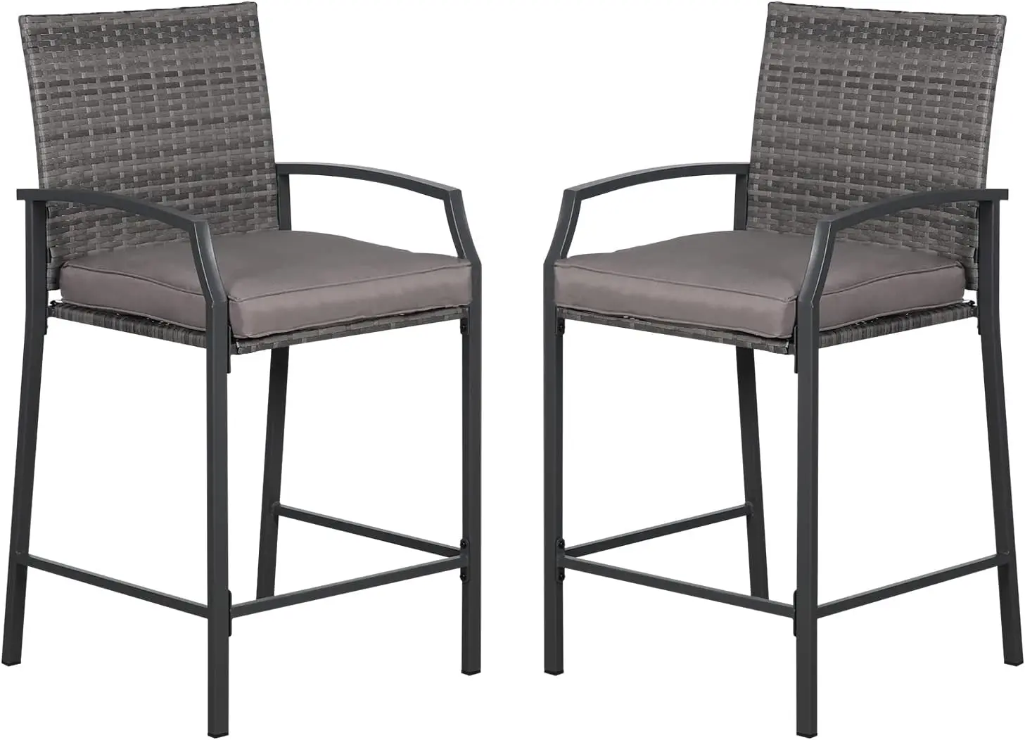 

Outdoor Wicker Bar Stools Set of 2, Patio Rattan Counter Height Chairs with Cushions, Armrest and Footrest for Indoor, Garden