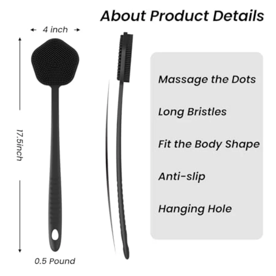 Silicone Back Scrubber for Shower Brush, 17.5 inch Long Handled Silicone Body Scrubber for Men and Women, Double Sided Shower S