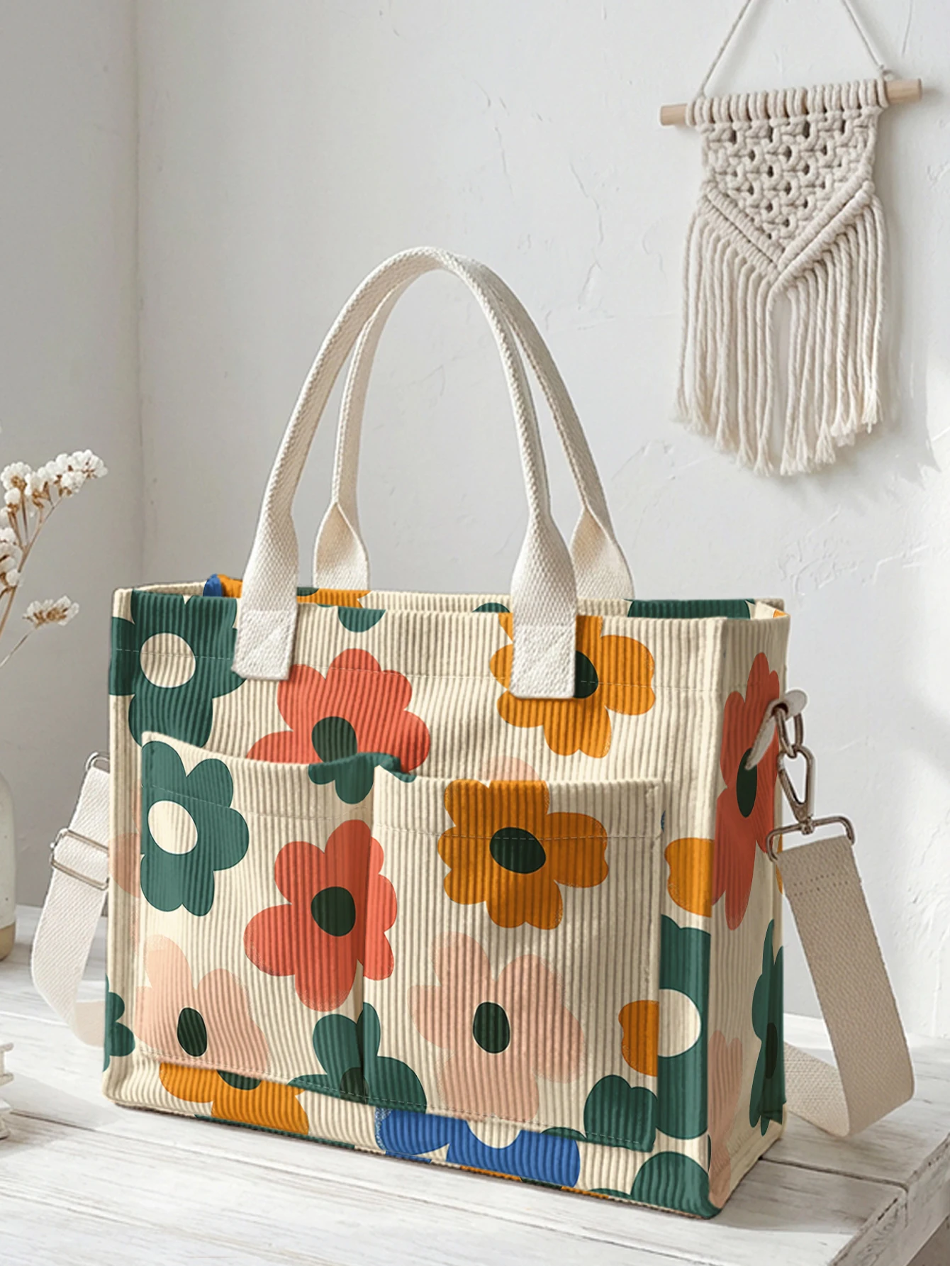 

Colorful Retro Floral Print Corduroy Tote Bag Large Capacity Multi Pocket Boho Commuter Shoulder Bag