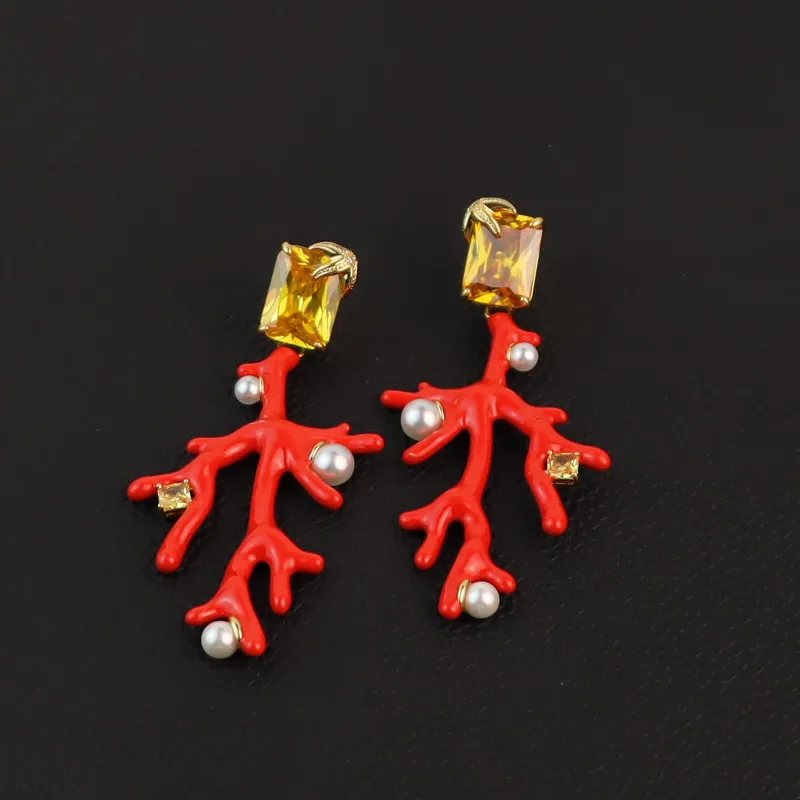 

Wintage Red Coral Enamel Earring, Exquisite Ocean Style Pearl Jewelry Women Party Gift