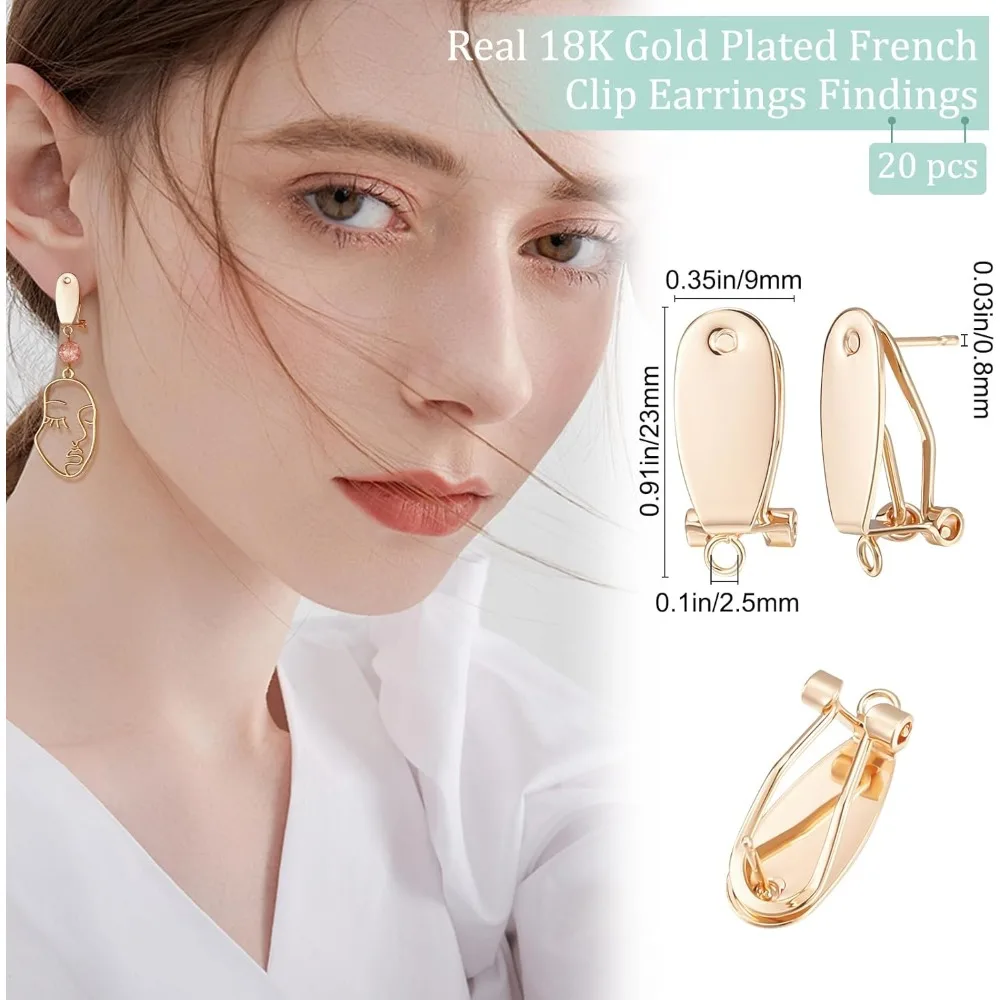 20Pcs French Clip Earring Findings 18K Gold Plated Fingernail Earring Post with Flat Pad Post and Loop for DIY making kit