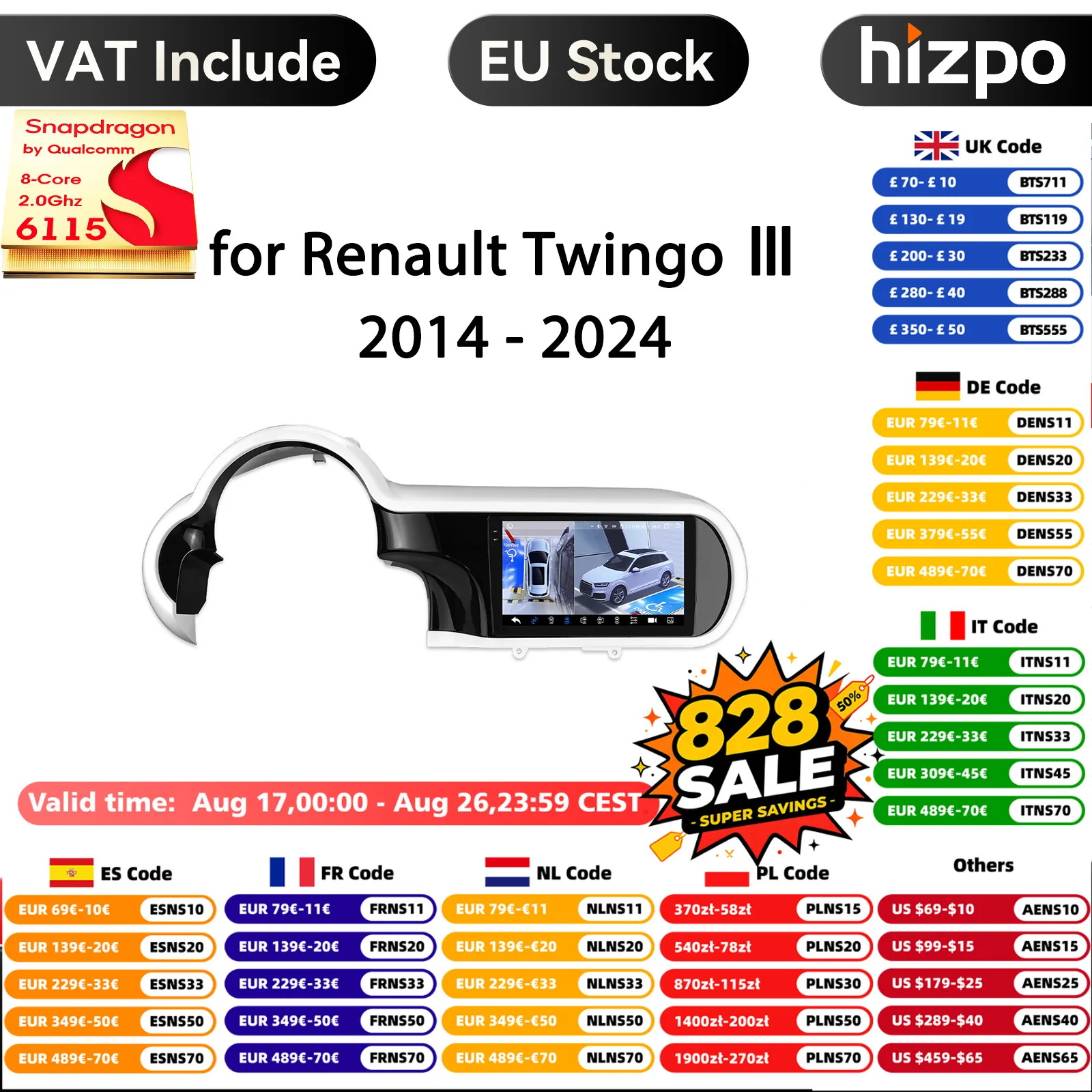 Hizpo Snapdragon Autoradio Carplay Android für Renault Twingo III 2014-2024 Multimedia Video Player Auto Stereo Navigation GPS DSP
