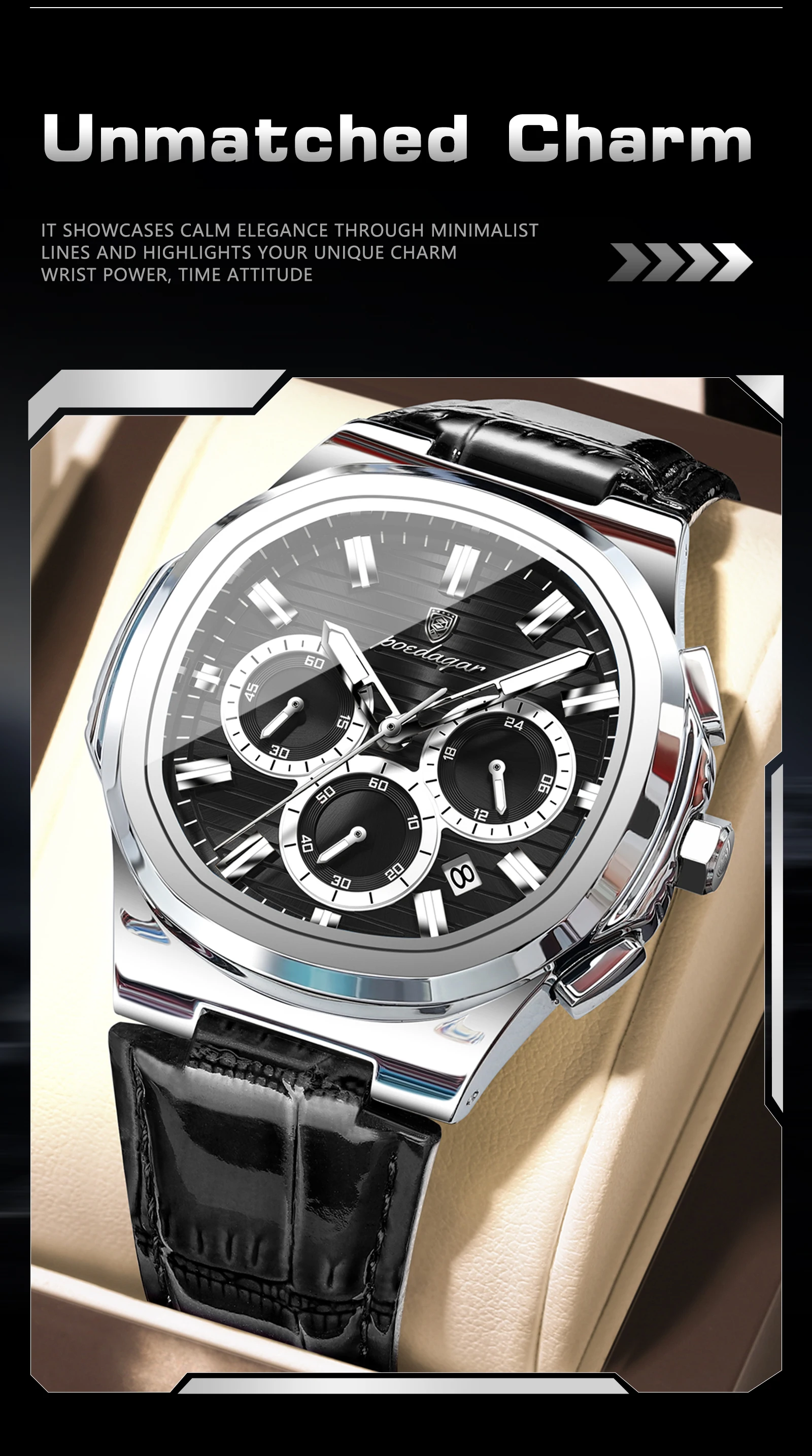 POEDAGAR Luxus-Herrenarmbanduhr, wasserdicht, leuchtend, Leder, modische Herrenuhr, Datumsanzeige, Chronograph, Quarz, elegante Herrenuhren, Reloj – Detail 3