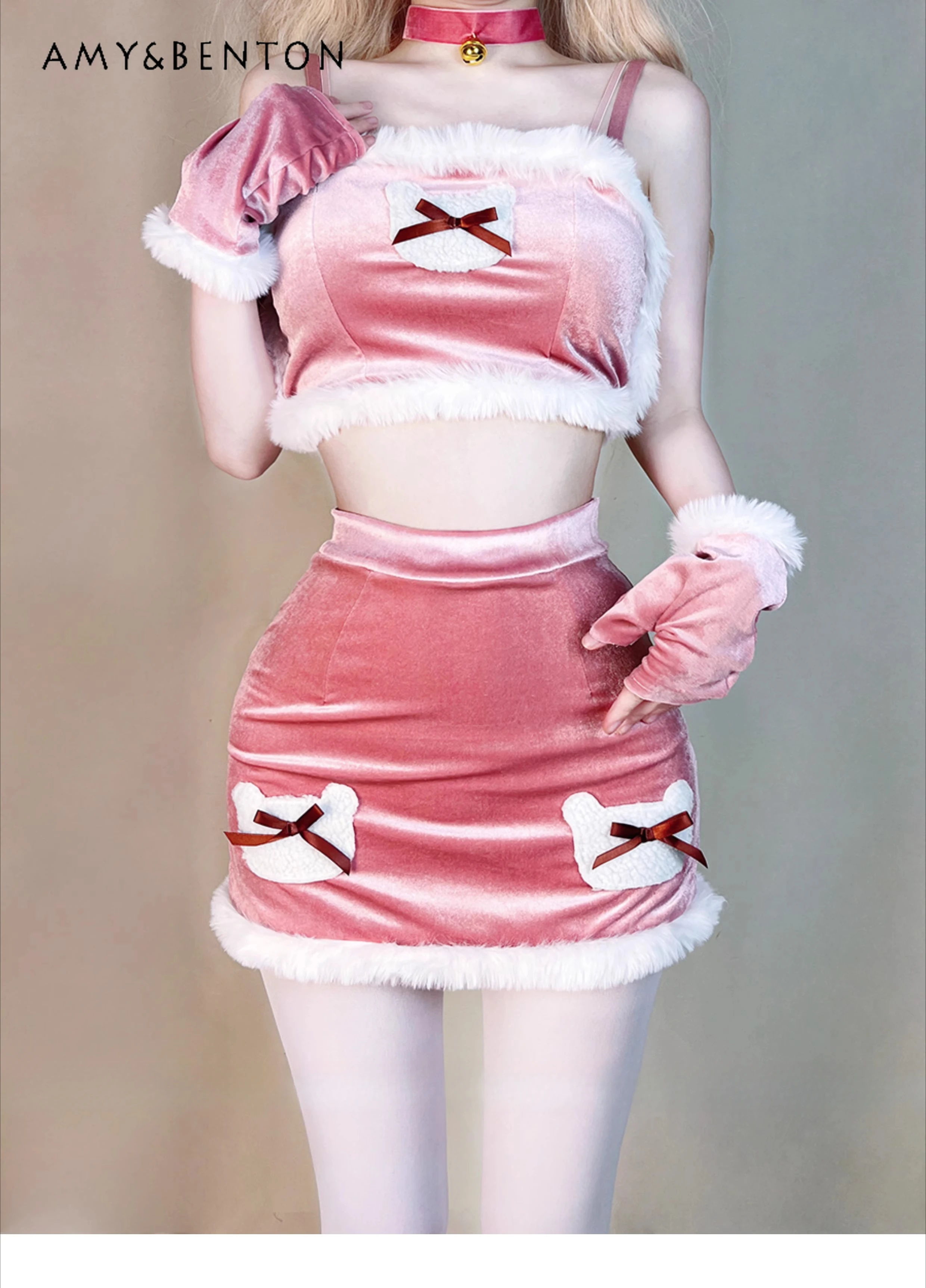 

2025 Autumn Winter New Hot Sale Sexy Sweet Women Pink Red Camisole Top Short Skirt Sleeve Hair Accessories Necklace Set