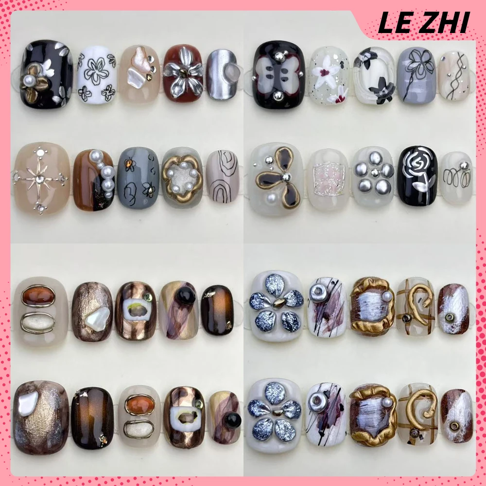 

10Pcs Light Luxury Handmade Short Square Round Handmade Full Cover Nails Flower Pearl Bowknot Cat Eyes Diamond Press On Nail
