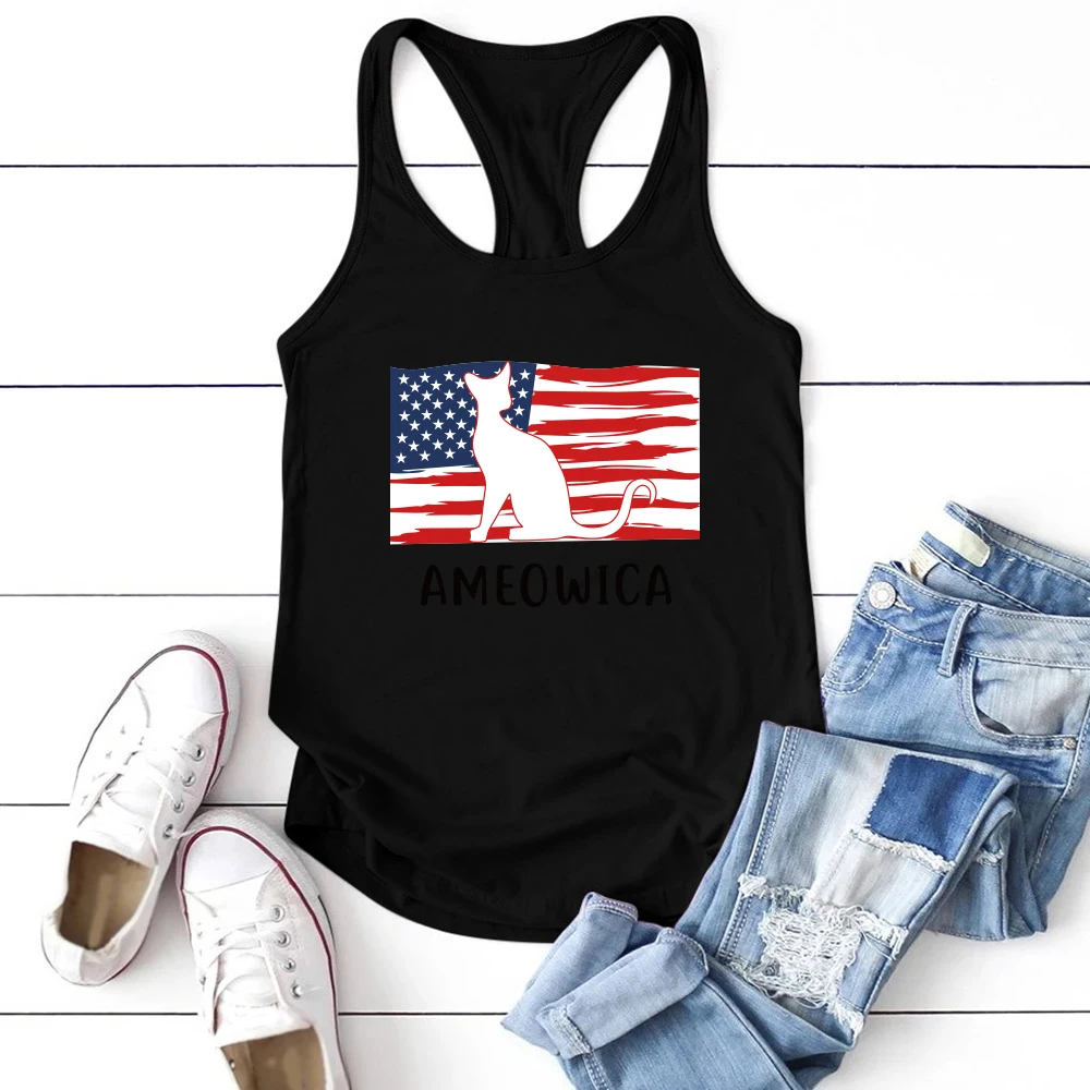 

Seeyoushy AMEOOWICA American Flag Print Summer Casual Fashion Women Top Women's O-neck Sleeveless T-shirt 90s Women's Tank Top