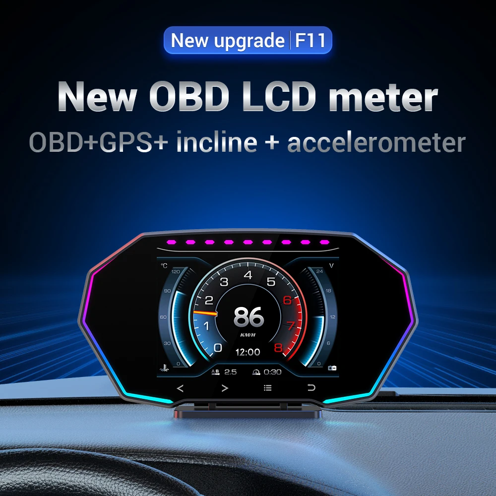 Hot 12-Languages F11 Car OBD2 Gauge USB-C Connection Head up Display 4-inch LED Touch Button GPS Speedometer with multi alarms