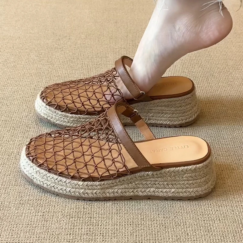 

Platform Mesh Women Mules Slippers Wedges Sandals Casual Weave Shoes Summer 2025 New High Heels Shoes Slingback Flip Flops Mujer