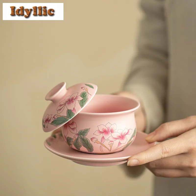

180ml Pastel Lotus Flowers Gaiwan Antique Tea Tureen Household Tea Bowl With Lid Kit Tea Maker Cover Bowl Tableware Collection