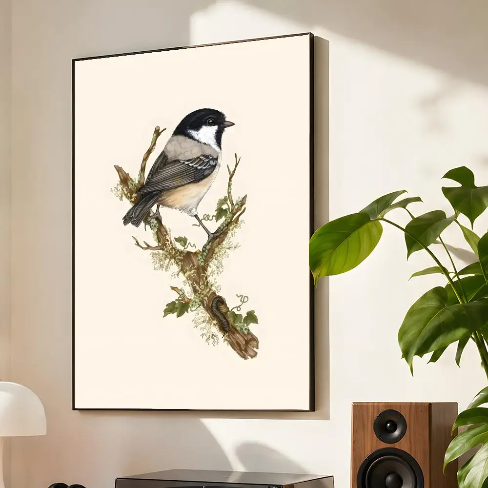 Nordic Vintage Goldfinch Bird Flower Landscape Poster Matte Self Adhesive Wall Art Waterproof Room Decoration Bedroom