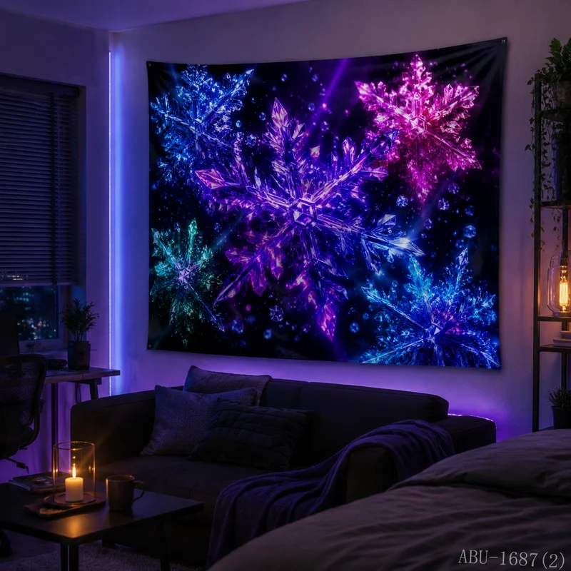 VIKAMA Neon Purple Blue Crystal Snowflake Cluster Galaxy Starry Bokeh Ice Christmas Tapestry Wall Hanging Bedroom Living Room