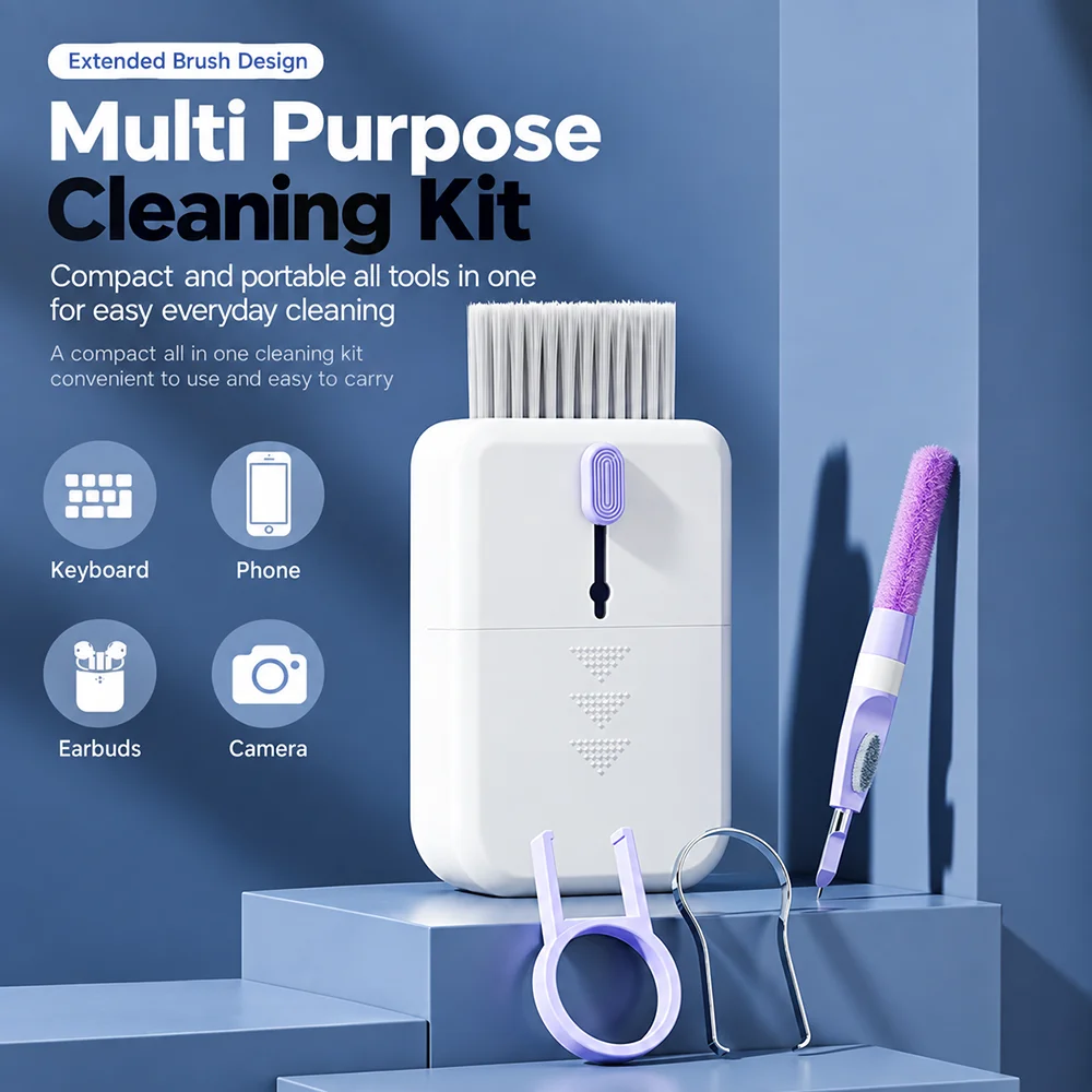 10 In 1 Keyboard Cleaning Kit Purple White Portable Multi Tool Brush Keycap Puller Earbud Camera Phone Cleaning Accessories