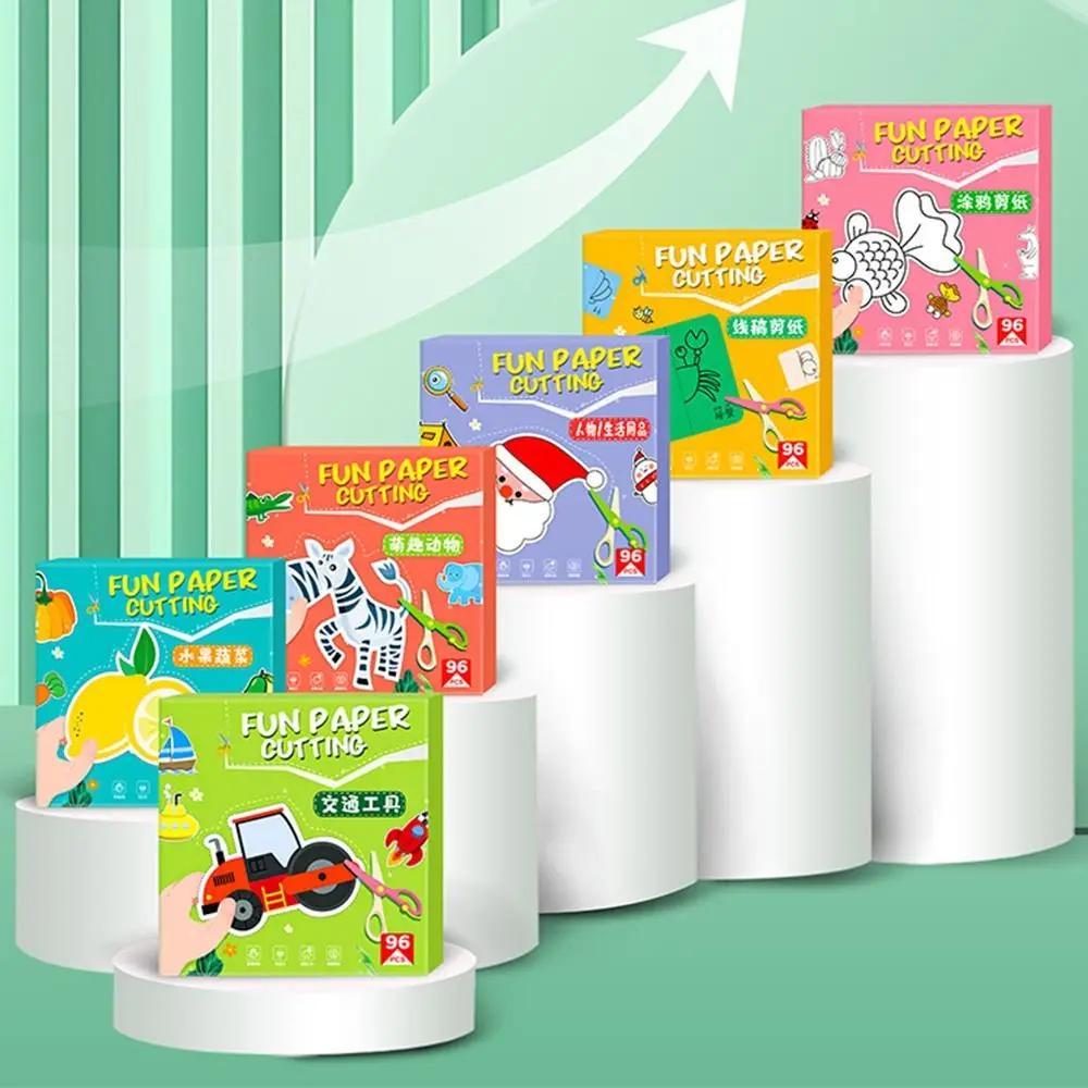 Papel de corte multicolorido artesanato feito à mão design de desenho animado aprender habilidades de tesoura 96 unidades/conjunto para colorir artesanato jogo de arte de papel