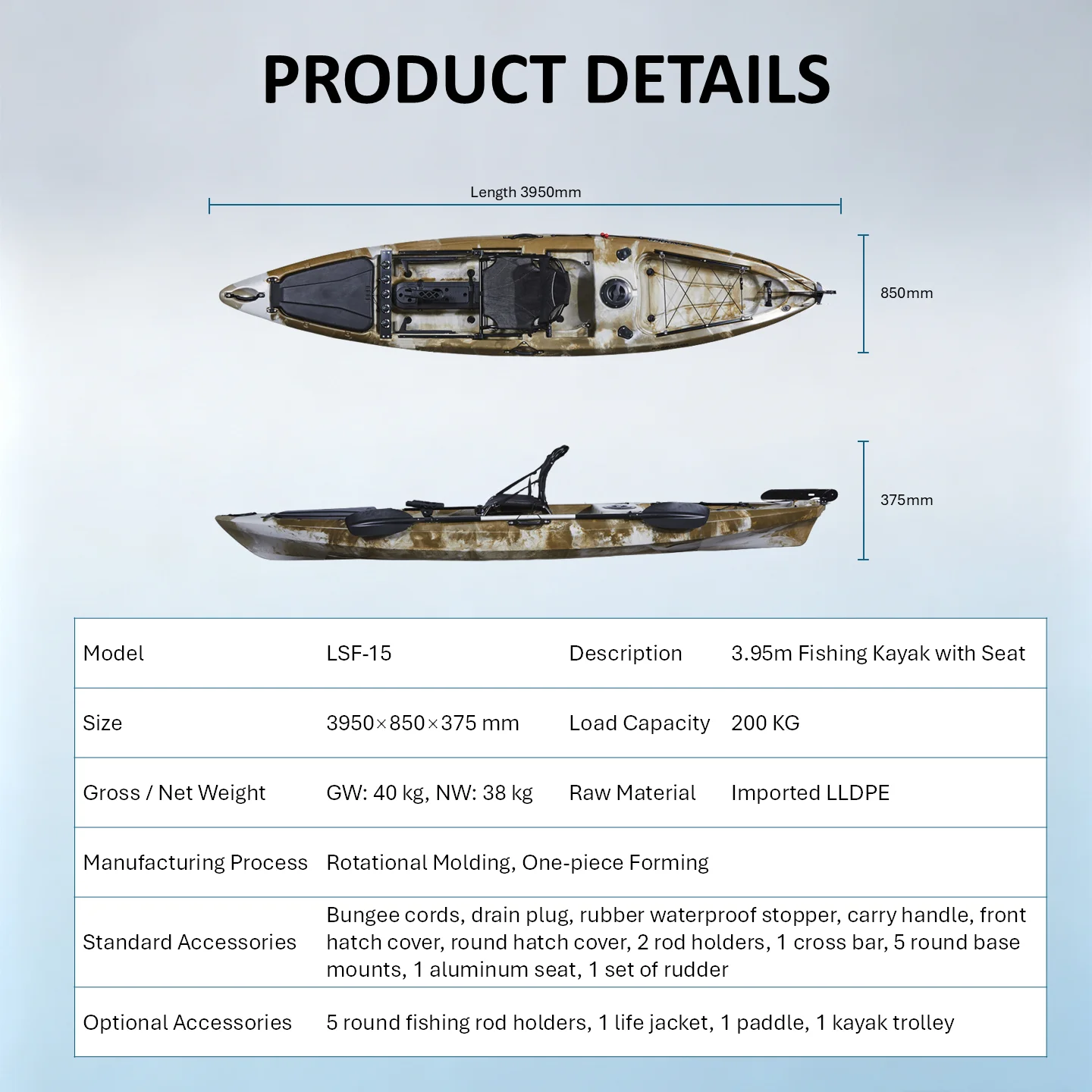 Rotational Molding LLDPE Non-Inflatable Single-person Fishing Kayak 200kg Capacity Outdoor Lure Boat