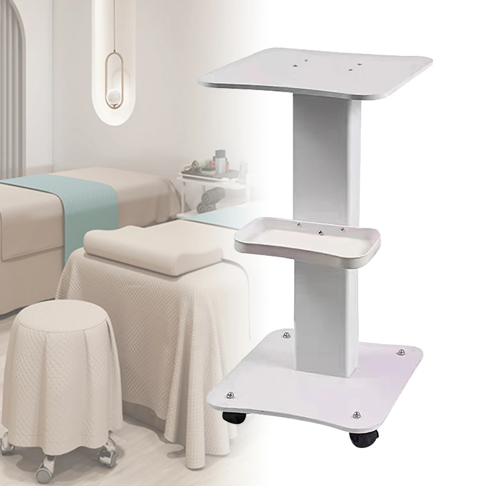 Chariot de beauté à roulettes pour salon, table de salon avec plateforme en bois et colonne métallique, capacité jusqu'à 40 kg, pour salons de beauté, hôpitaux et usage familial