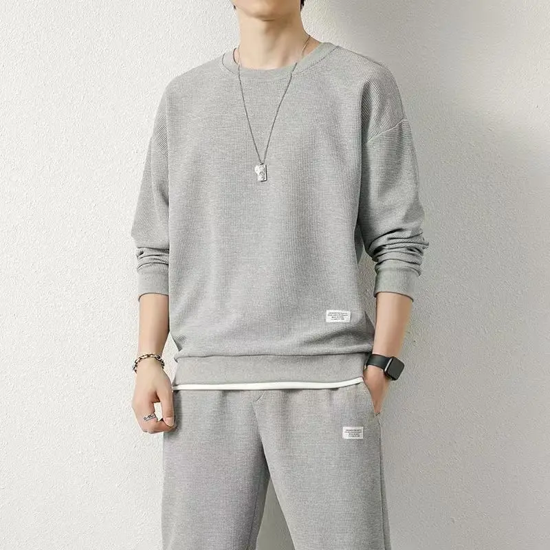 2024 New Summer Men\'s Fashion Brand Leisure Sports Set Round Neck Loose Long Sleeve Pants Wafers Two Piece Sports Jogging Set